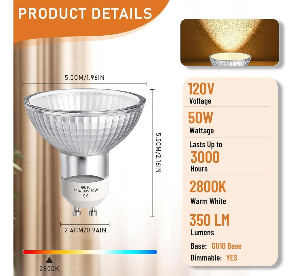 MOMIUCO GU10 Halogen Bulbs 120V 50W, Dimmable MR16 GU10+C with Glass Cover, 2700K Warm White Light Bulbs for Candle Warmer Lamp, Pack of 4