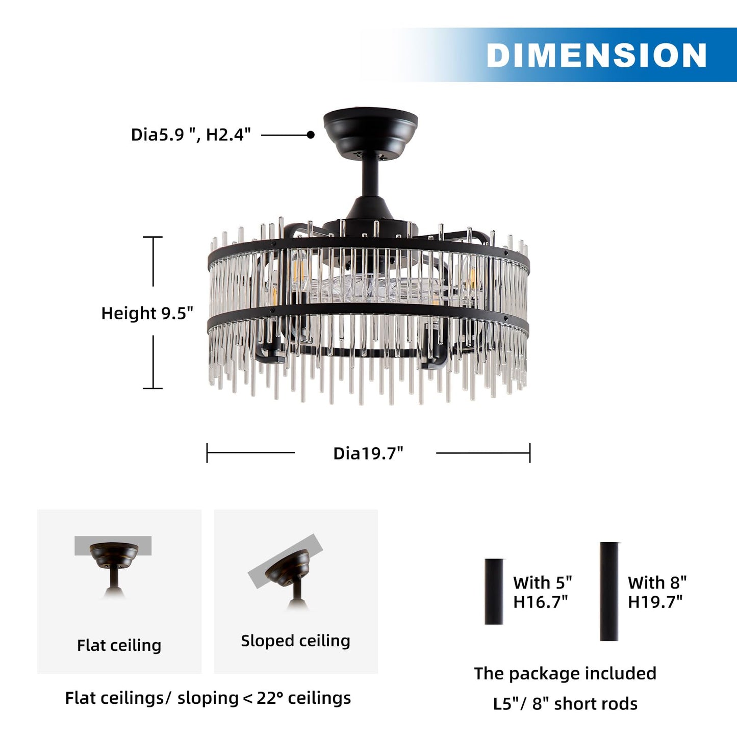 HSMKL Black Crystal Fandelier Ceiling Fan with Light, 19.7 Inch Bladeless Enclosed Fan Chandelier, 6 Speed Quiet DC Motor with Remote/APP Control,