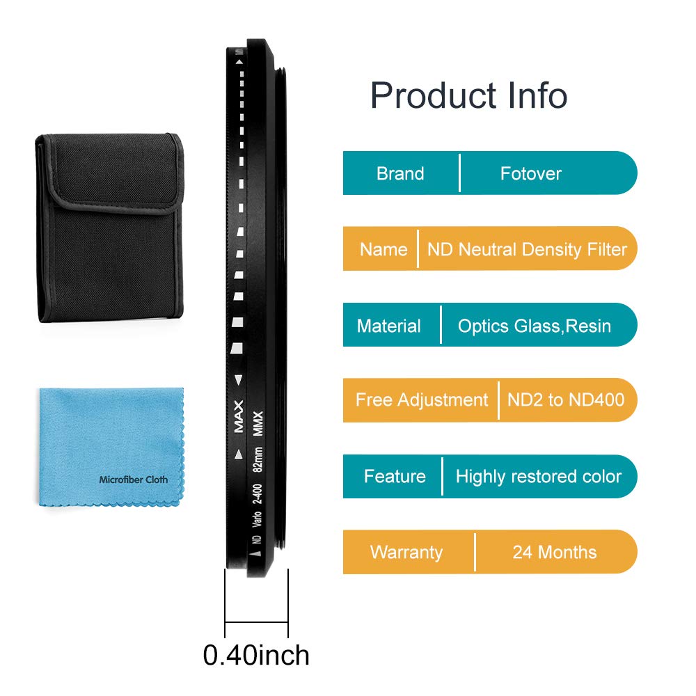 62mm ND Filter Slim Variable ND Neutral Density Filter Adjustable ND Fader ND2-ND400 Lens Filter for Canon Nikon Sony Pentax Olympus Fuji DSLR Camera