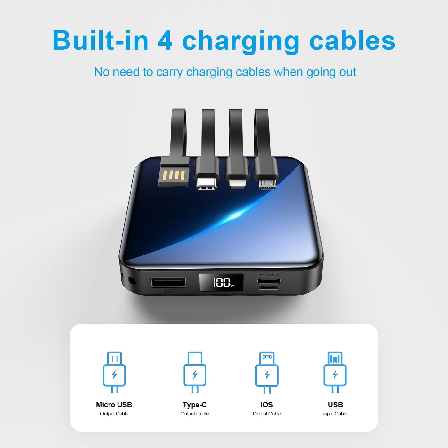 ummz Portable Charger with Built-in Cable,12000mAh 22.5W Fast Charging Small Power Bank,USB C Input/Output with Smart LED Display,External Battery
