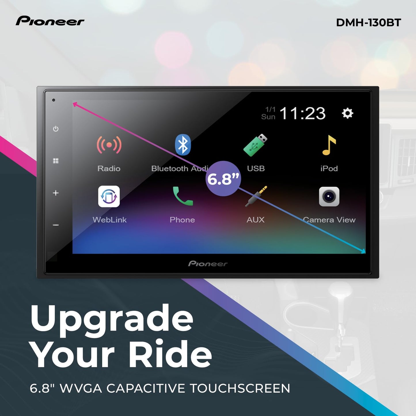 Pioneer DMH-130BT 6.8" Resistive Touchscreen, Double Din - Bluetooth, Backup Camera, USB, FLAC, AM/FM Radio, Short Chassis, 50W x 4 Output, Steering
