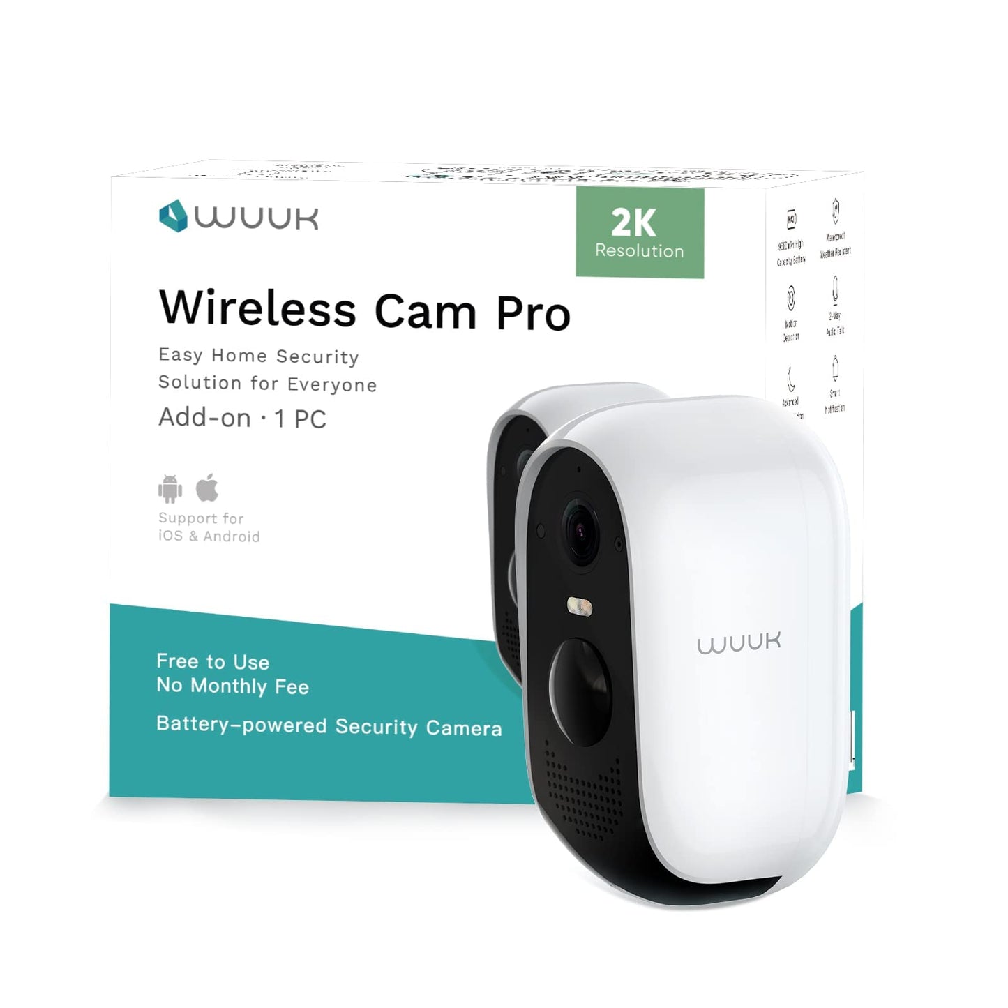 WUUK Add-on Security Camera Wireless Outdoor, Requires Base Station, Home Security Cameras Wireless Outdoor, 2K, No Monthly Fee, Motion Alert, Night