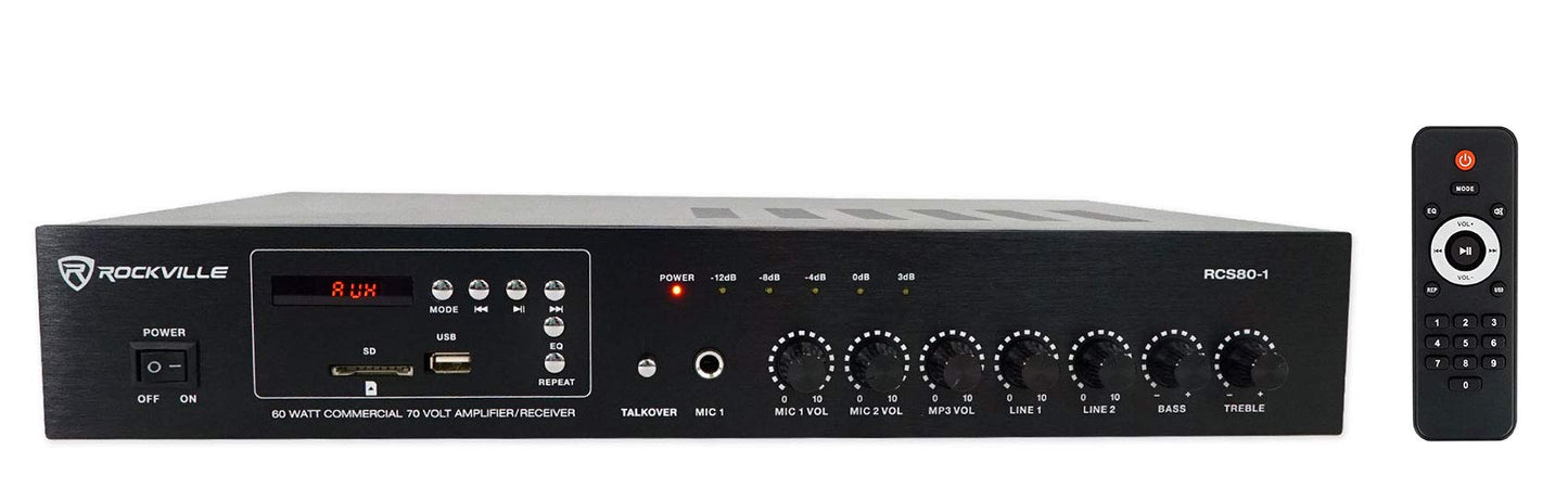 Rockville RCS80-1 60 Watt 70V/100V Commercial Amplifier/Bluetooth 5.0 Receiver, Supports 4/8/16 Ohm Speakers, USB/SD/FM/RCA/Mic, for Restaurants