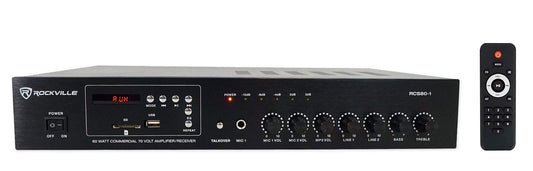 Rockville RCS80-1 60 Watt 70V/100V Commercial Amplifier/Bluetooth 5.0 Receiver, Supports 4/8/16 Ohm Speakers, USB/SD/FM/RCA/Mic, for Restaurants