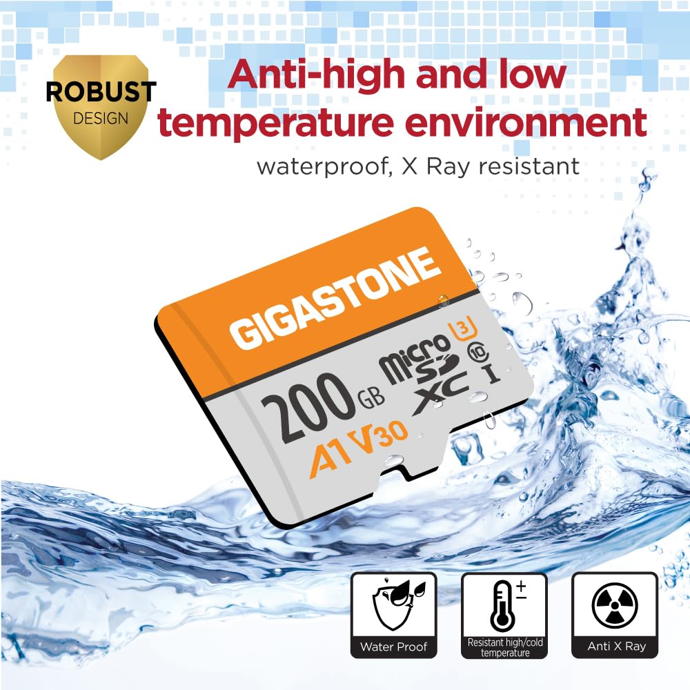 GIGASTONE 200GB Micro SD Card 2-Pack, A1 V30, 4K Video Recording, Compatible with Security Camera, Dash Cam, Drone, 100MB/s MicroSDXC Memory Card