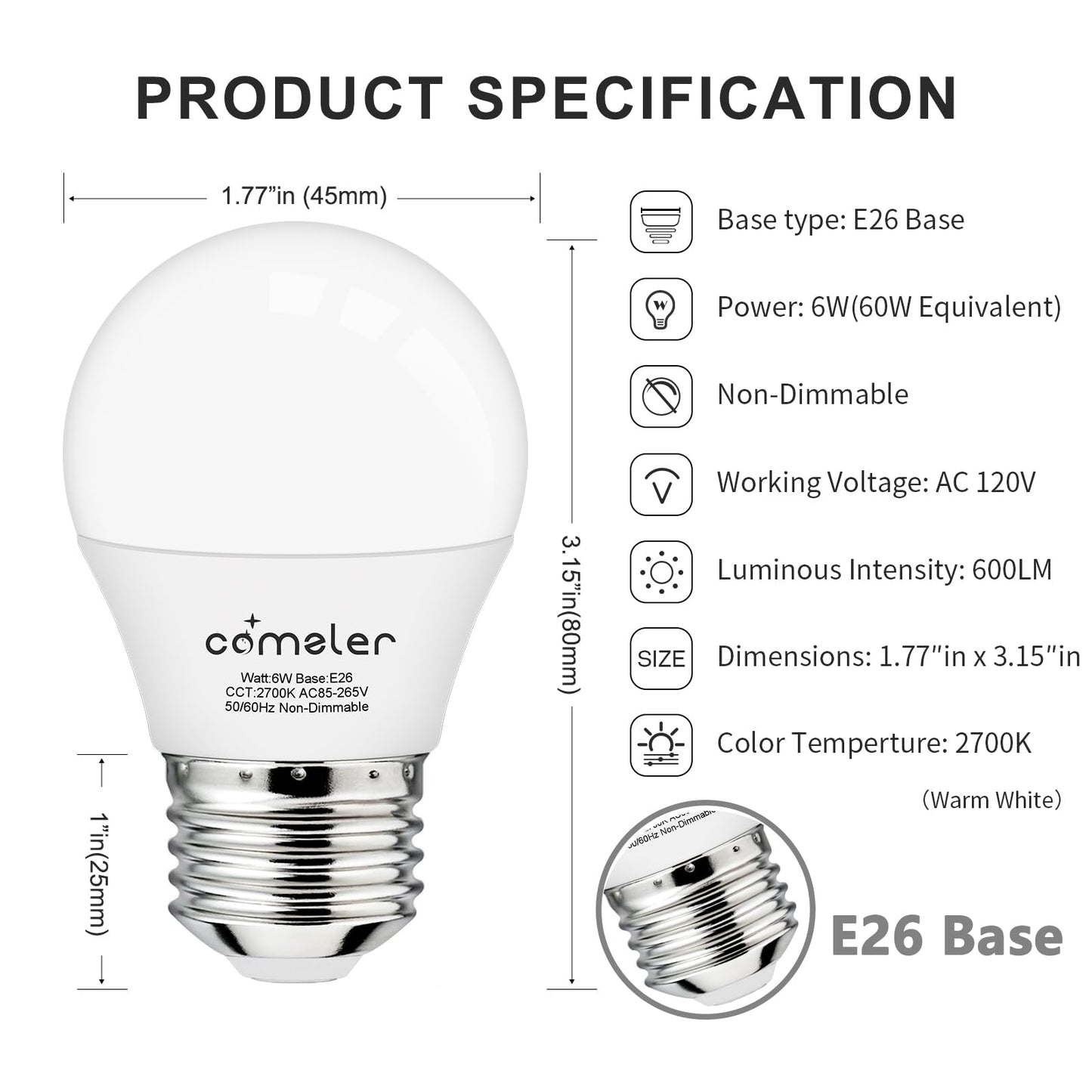 comzler E26 LED Small Light Bulbs 60W Equivalent 2700K Warm White A15 Bulbs