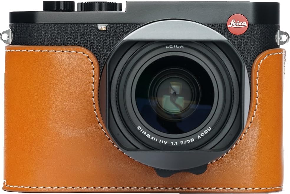 BMAOLLONGB Camera Case for Leica Q3, Handmade Genuine Real Leather Half Camera Case Bag Cover for Leica Q3 Camera Bottom Opening Version + Hand Strap