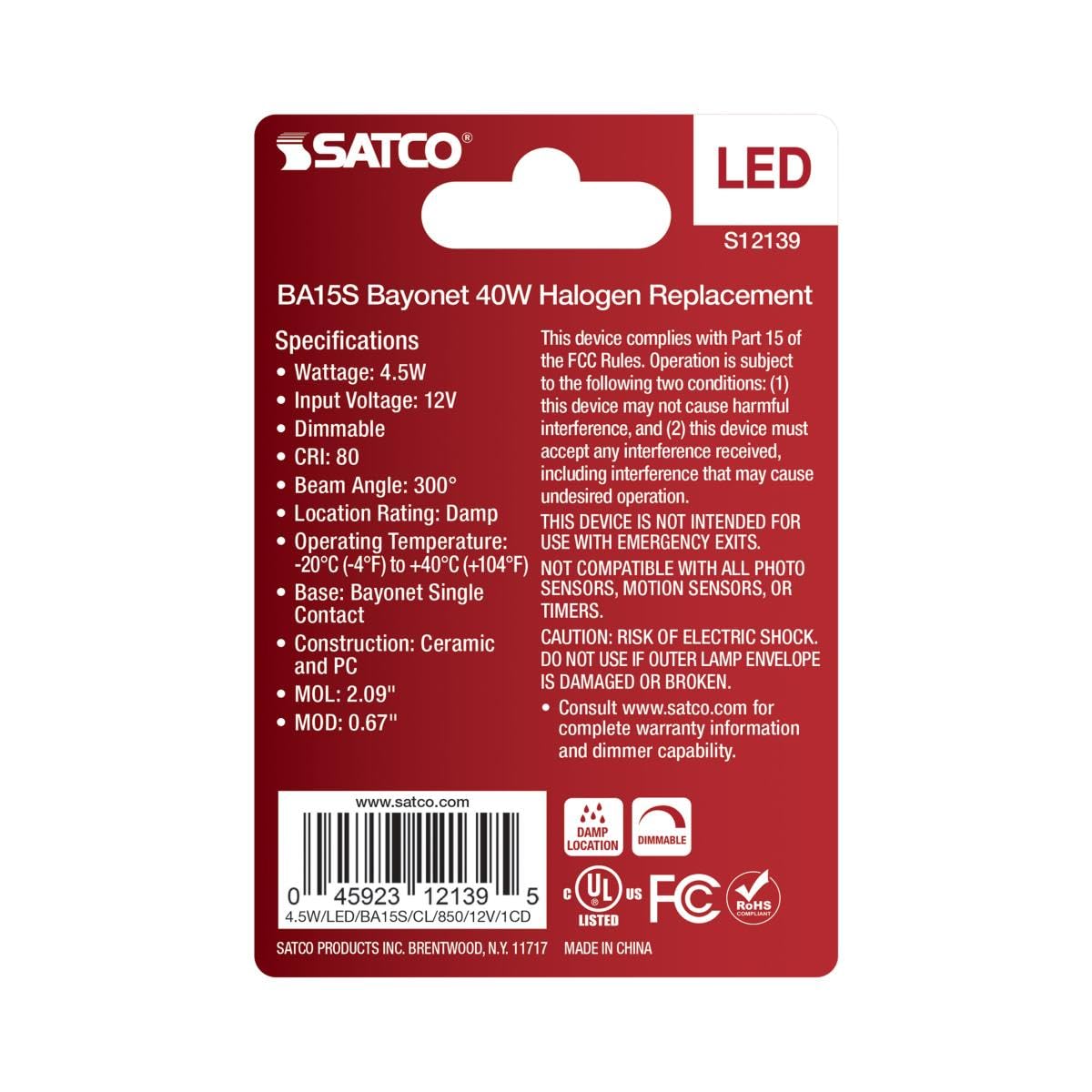 Satco 4.5w Mini LED BA15s Bayonet Single Contact 12v 5000K Clear Finish Bulb