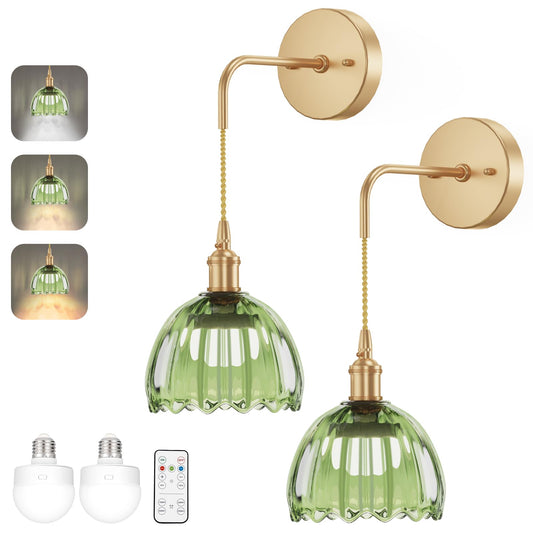 Kavedod Battery Operated Wall Sconces CCT Dimmable Wireless Sconces Set of 2, Vintage Light Fixture with Green Tulip Glass Lampshade Wall Decor Set