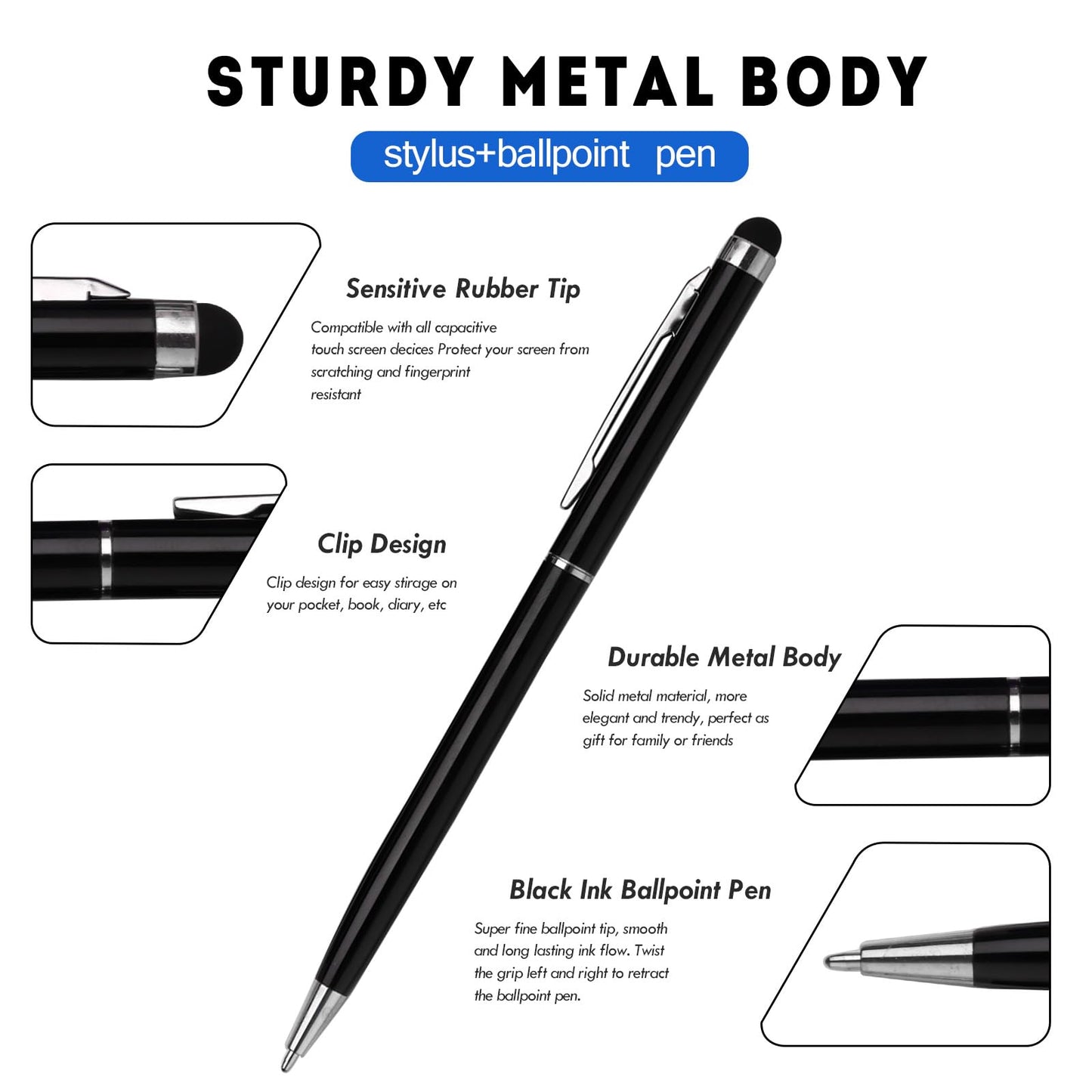 FIRCRE 15 Pack Stylus Pens for Touch Screens Stylus Pen Compatible with Phone Tablets Kindle and Black Ink Ballpoint Pens-2 in 1 Stylists pens