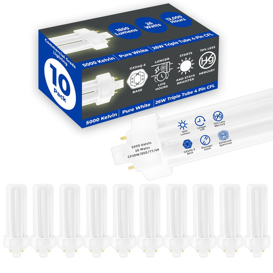GoodBulb 26 Watt CFL Light Bulbs 4 Pin GX24Q-3 Base 5000K Daylight 26W High Output 1800 Lumens Triple Tube Compact Fluorescent Light Bulbs Plug-in 10