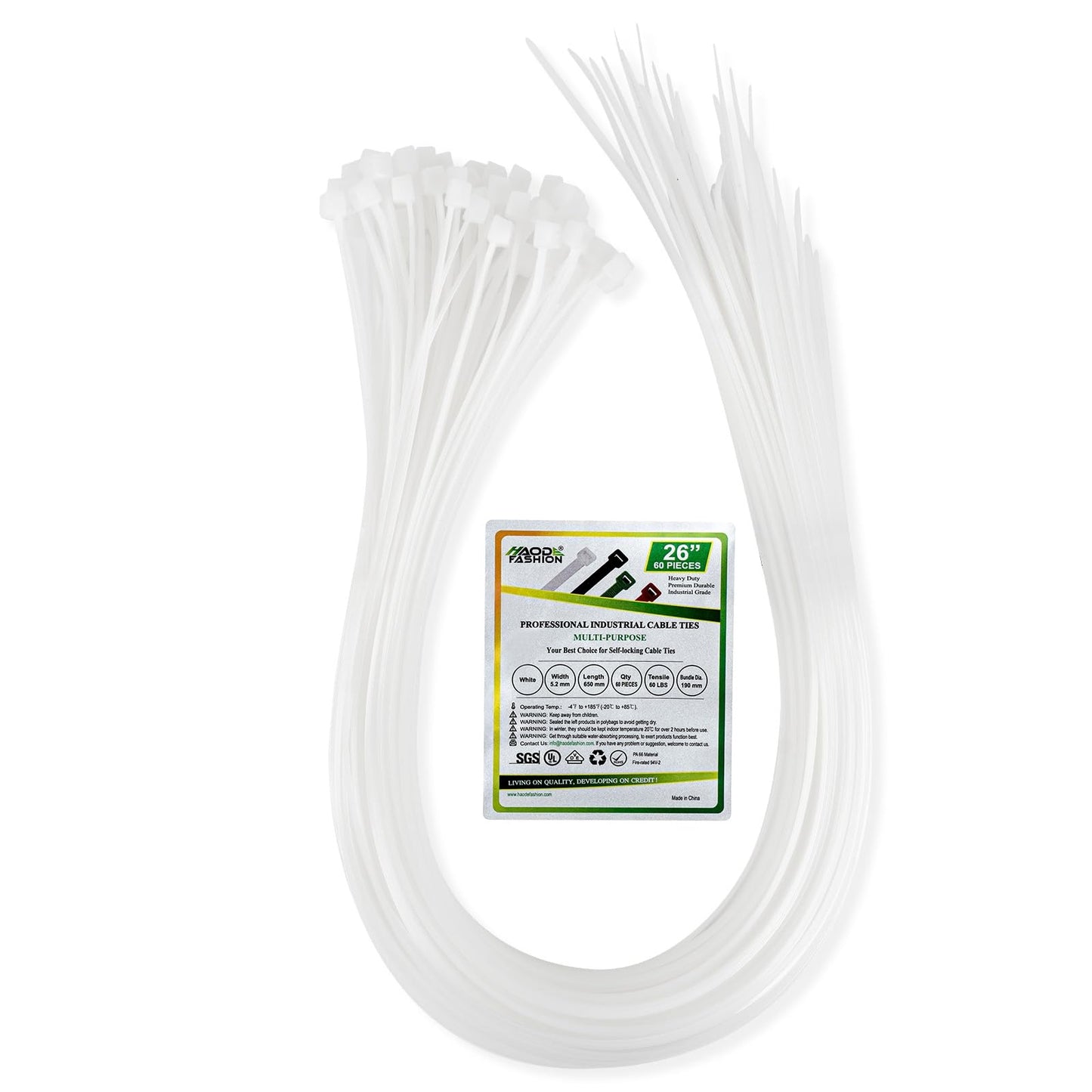HAODE FASHION Long Zip Ties Heavy Duty 26 inch, Cable Management Zip Ties White 60 Pack, High Strength 60 lbs Cable Ties UV Resistant durable