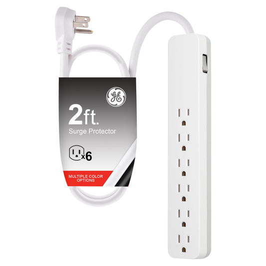 GE Pro 6-Outlet Surge Protector, 2 Ft Extension Cord, 620 Joules, Power Strip, Flat Plug, Integrated Circuit Breaker, Wall Mount, UL Listed, White