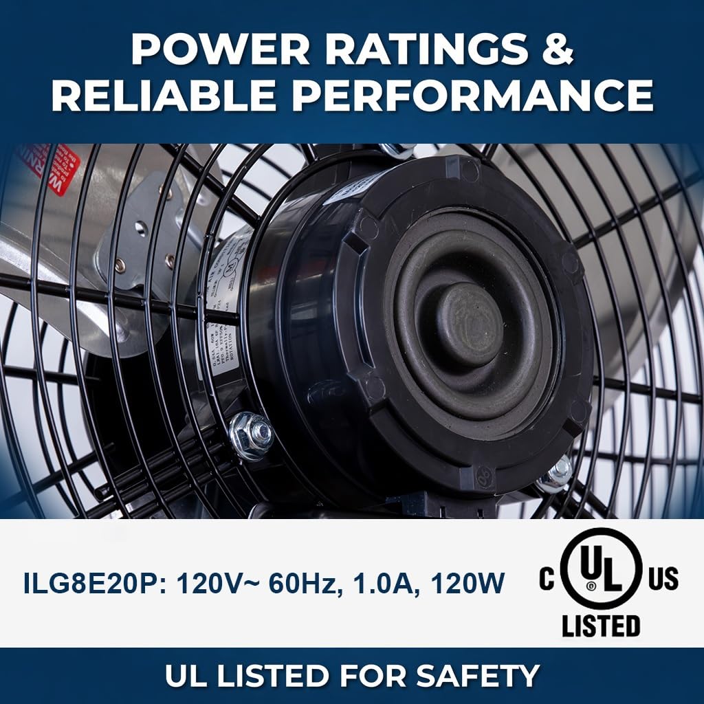 iLiving 20 Inch Wall Mount Fan, 4750 CFM High Velocity Metal Fan with 3 Speeds, Sealed Motor & 360° Tilt, Heavy Duty Wall/Ceiling Mount Fan