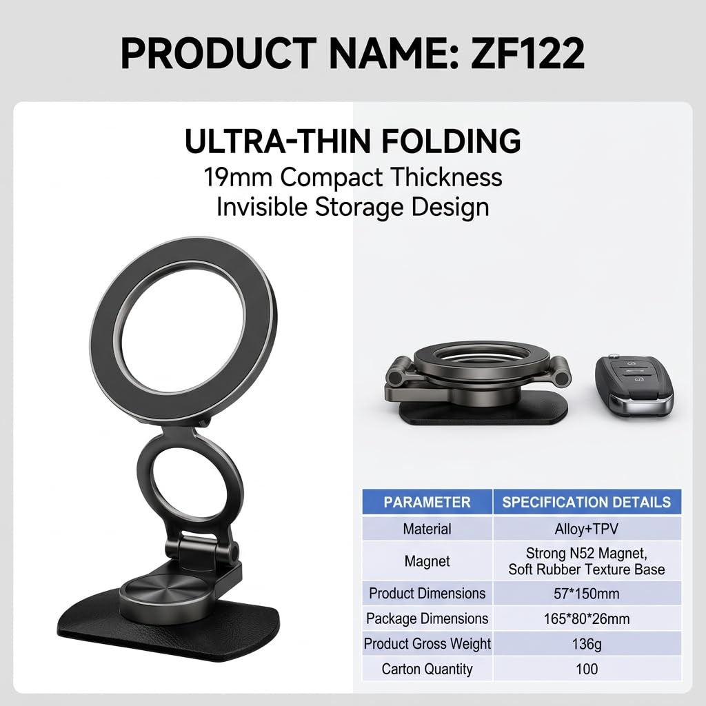 bqoeesok Car Phone Holder for MagSafe, N52 Strong Magnetic 3M Adhesive Dashboard Mount, 57mm Ultra-Thin Foldable (0.75"), 360° Swivel + 75°~210° Tilt