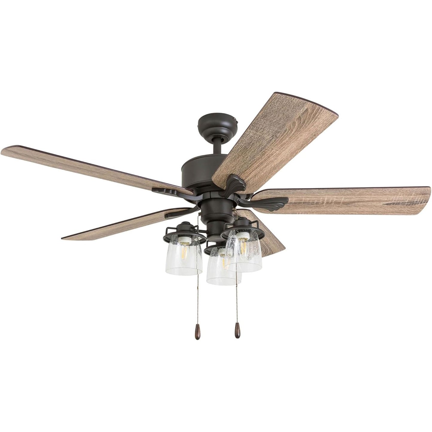 Prominence Home River Run 52" Farmhouse LED Ceiling Fan with Light and Pull Chain, Bronze - Large Indoor Electric Fan with 3 Mounting Options, 5 Dual