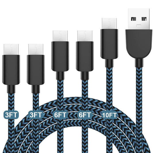 5Pack (3/3/6/6/10FT) Fast Charging 3A USB-C to USB-A Cable Rapid Charger Quick Cord Compatible Samsung Galaxy S10 S9 S8 Plus, Note 10 9 8, LG V50 V40