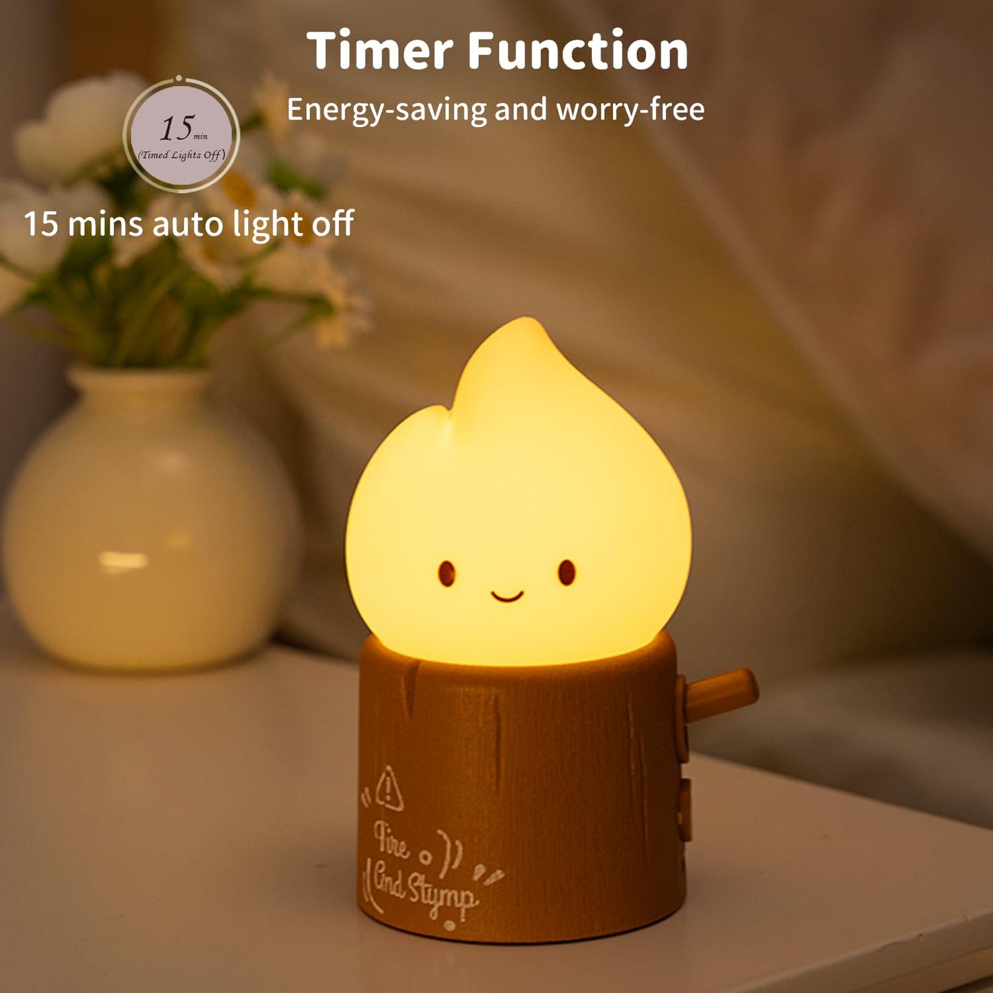 Myratts Led Cute Stump Fire Night Light, Dimmable Nursery Kawaii Lamps, Super Squishy Silicone USB Rechargeable Timer Night Lamp for Kids Adults, Used