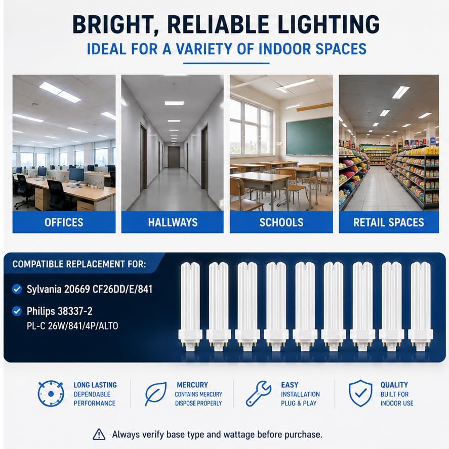 Circle (10 Pack PLD-26W 841, 4 Pin G24q-3, 26 Watt Double Tube, Compact Fluorescent Light Bulb, Replaces Sylvania 20669 CF26DD/E/841. Philips 38337-2