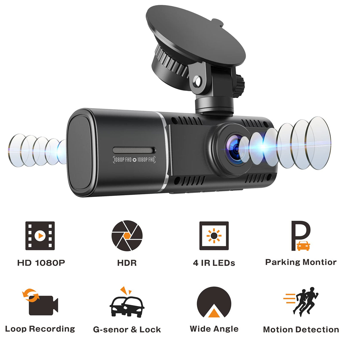 1080P Dual Dash Cam Front and Cabin Car Dashboard Camera with IR Night Vision,1.5in LCD Driving Recorder Motion Detection Parking Monitoring Accident Locked Loop Recording