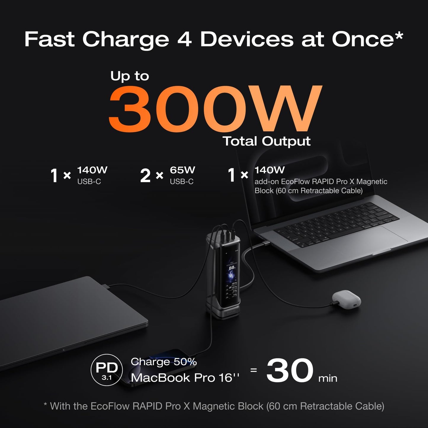 EF ECOFLOW Rapid Pro X Power Bank, 27650mAh 4-Part with 300W Output, Portable Charger with 140W Built-in Cable, for MacBook, iPhone, Laptops, and More
