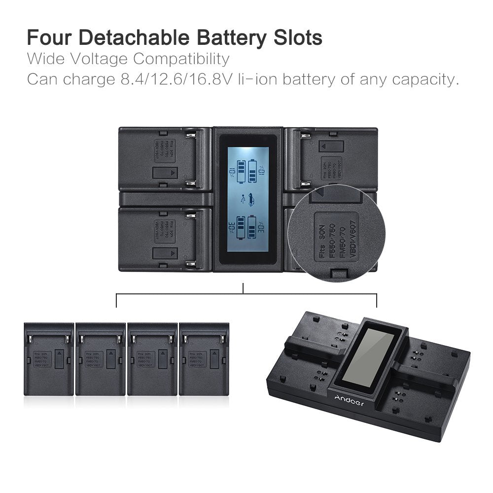 Andoer 4-Channel Digital Camera Battery Charger LCD Display for Sony Canon Camera (NP-F970)