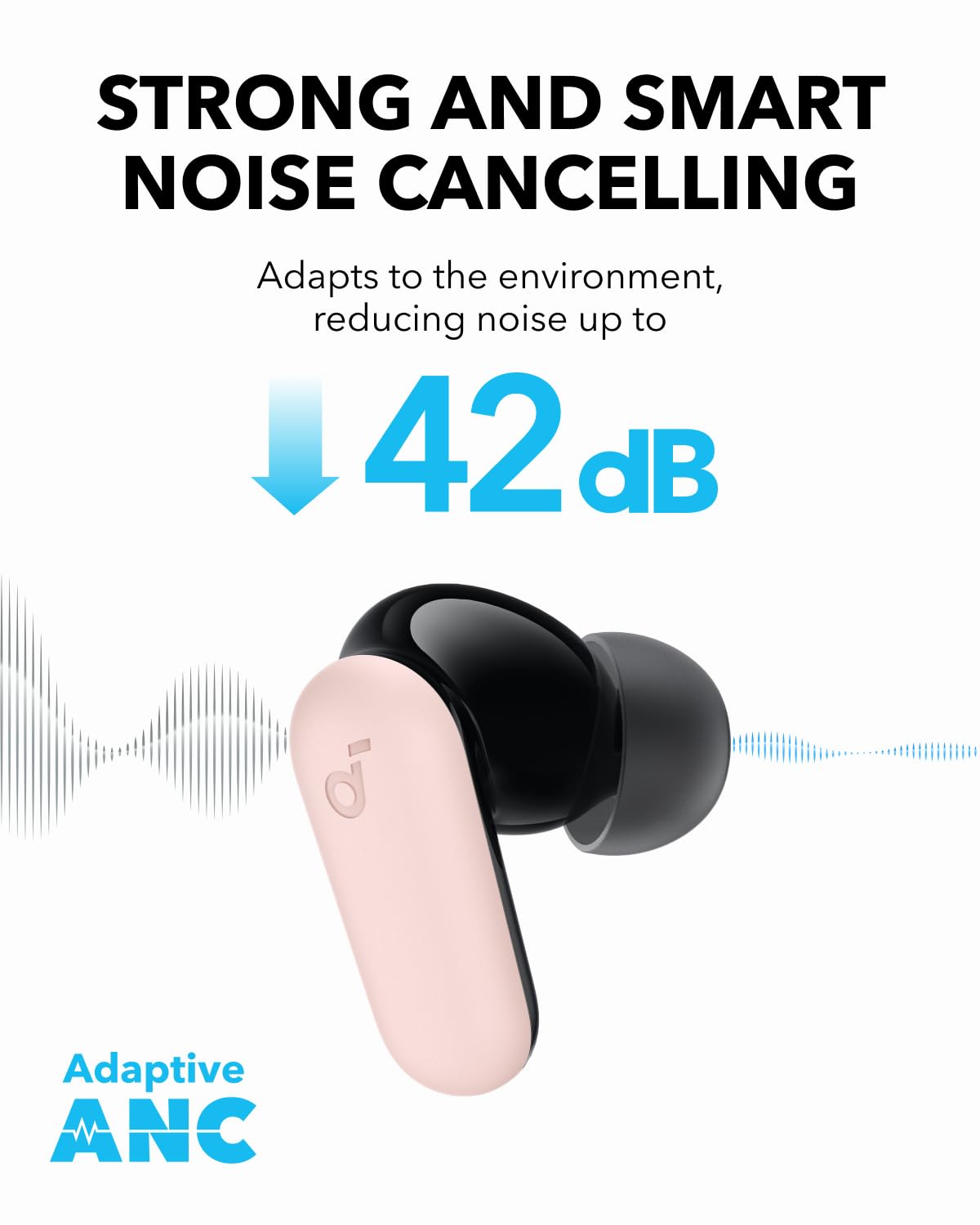 Soundcore P30i by Anker Noise Cancelling Earbuds, Strong and Smart Noise Cancelling, Powerful Bass, 45H Playtime, 2-in-1 Case and Phone Stand, IP54