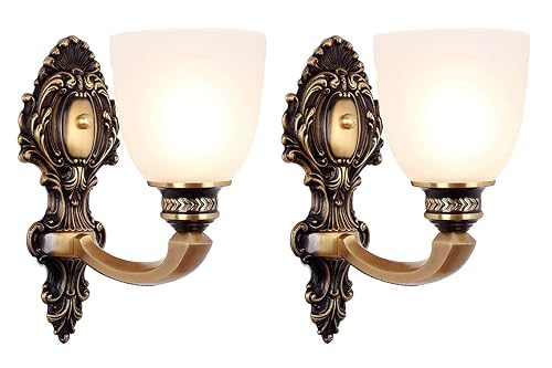 NOXARTE 2 Pack Vintage Wall Sconce Brass Wall Mounted Light Ceiling Fixture with Milk White Glass Shades for Living Room Bedroom Hallway