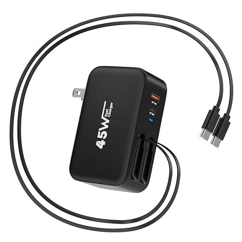 4 in 1 Retractable Wall Charger Dual USB C Cable Plug,45W USBC Fast Retractable iPhone Charger Foldable Block Dual Port(USB C+USB A) with Dual USB C