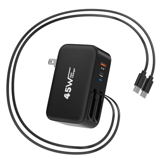 4 in 1 Retractable Wall Charger Dual USB C Cable Plug,45W USBC Fast Retractable iPhone Charger Foldable Block Dual Port(USB C+USB A) with Dual USB C