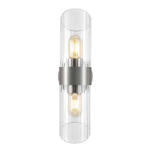 SAFAVIEH Lighting Collection Eytan Clear Glass/Nickle Vertical Wall Sconce Set of 2 Light Fixture, Ideal for Bathroom, Entryway, Vanity, Foyer