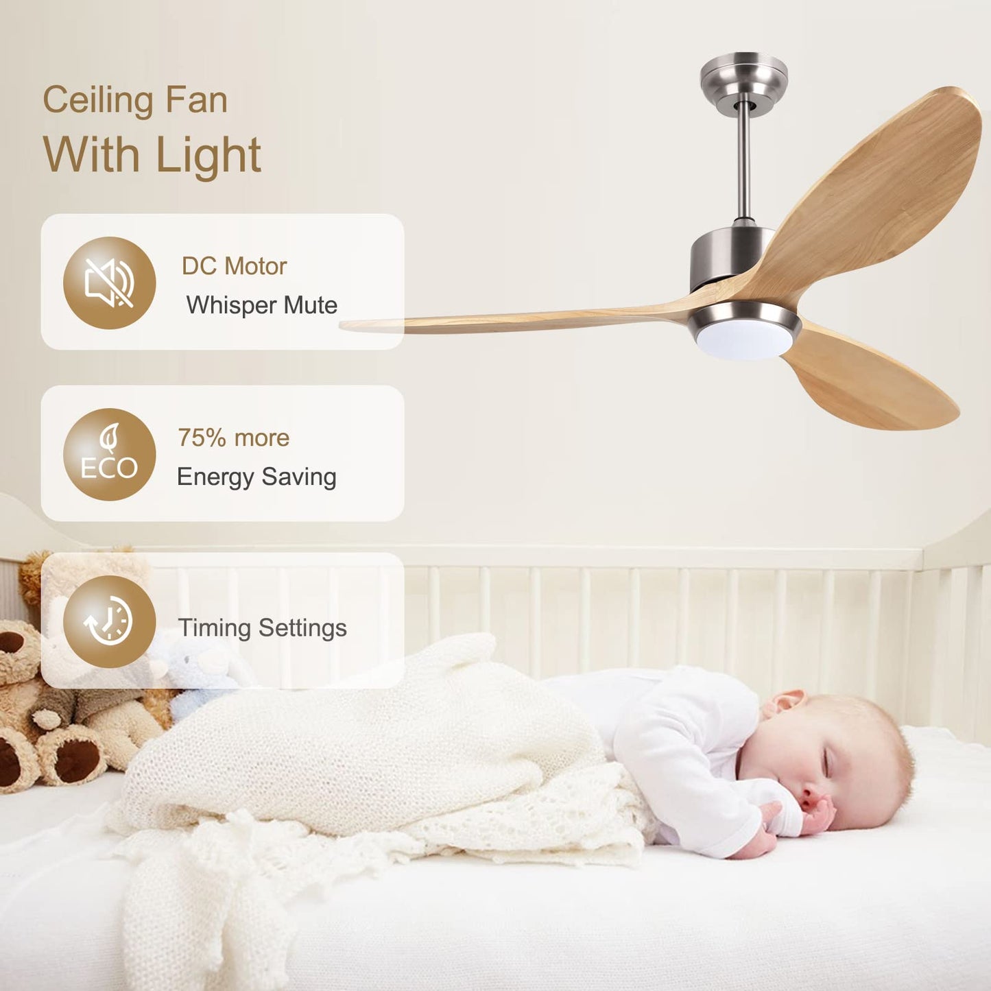 Ovlaim 52 Inch Wood Ceiling Fan with Light, Quiet DC Motor, Smart 6-Speed