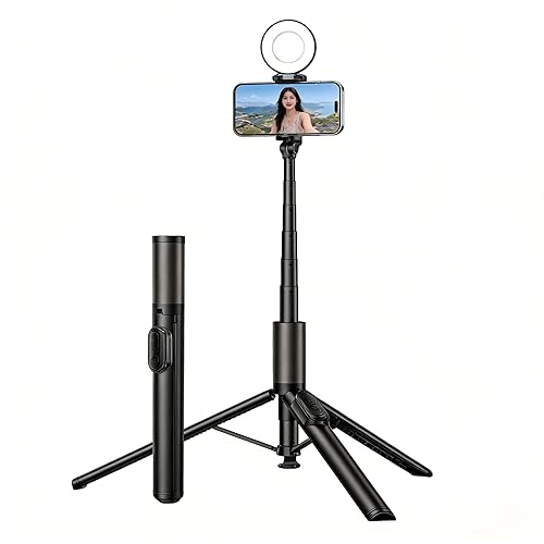 63“ Selfie Stick Tripod for iPhone/Android - Expandable Phone Tripod with Fill Light, 10M Bluetooth Remote Control, one Click Open Selfie Stick