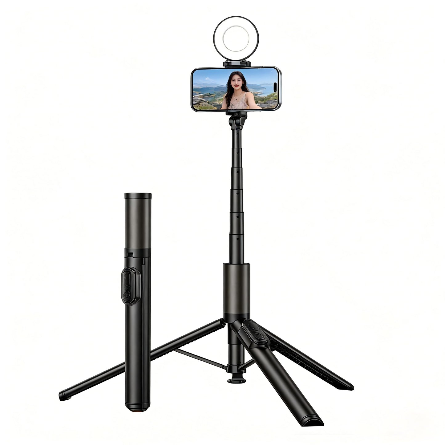 63“ Selfie Stick Tripod for iPhone/Android - Expandable Phone Tripod with Fill Light, 10M Bluetooth Remote Control, one Click Open Selfie Stick