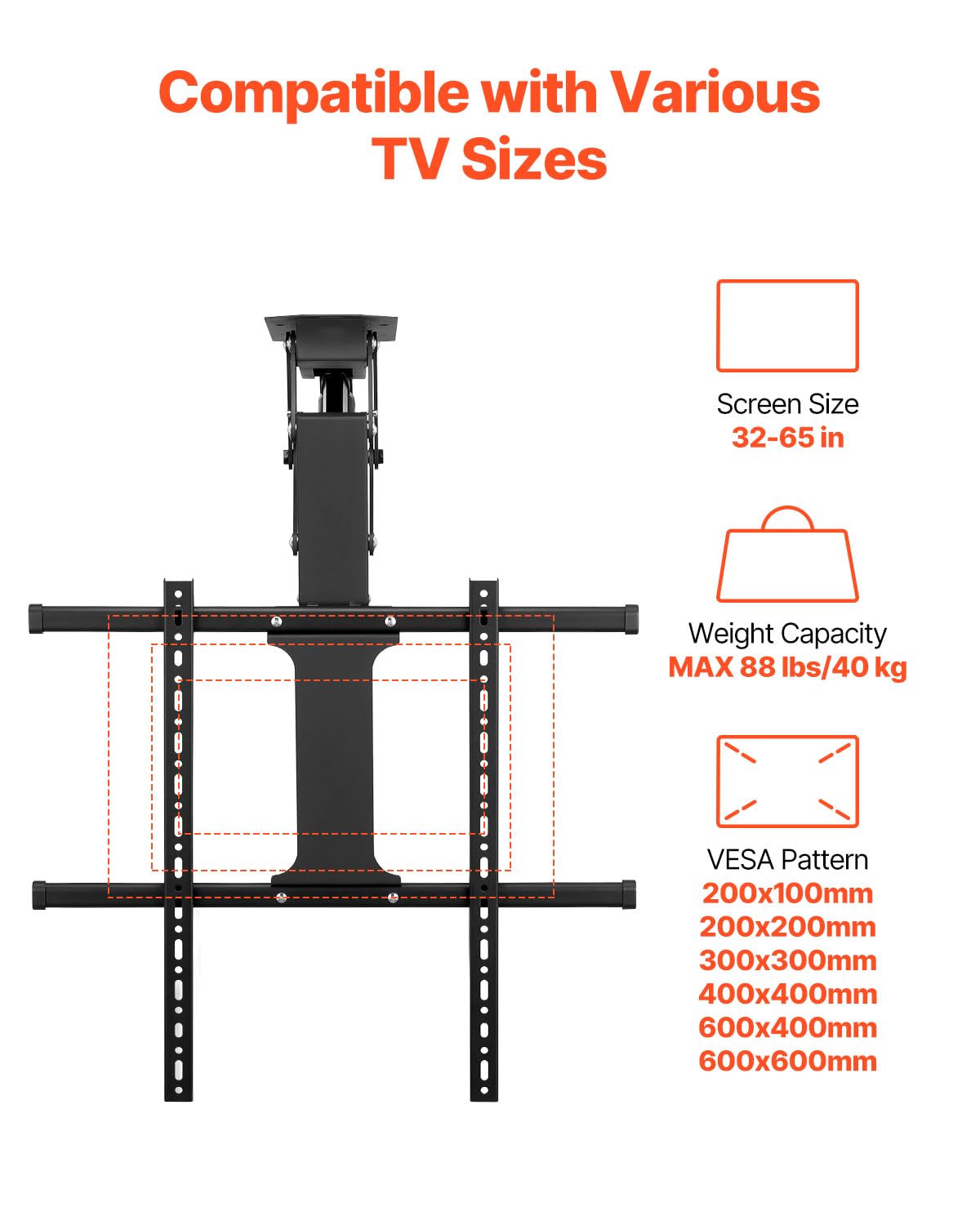 VEVOR Motorized Ceiling TV Mount, TV Wall Mount for 32 to 65 Inch TV, Electric Adjustable Ceiling TV Mount, Motorized Flip Down TV Mount Bracket