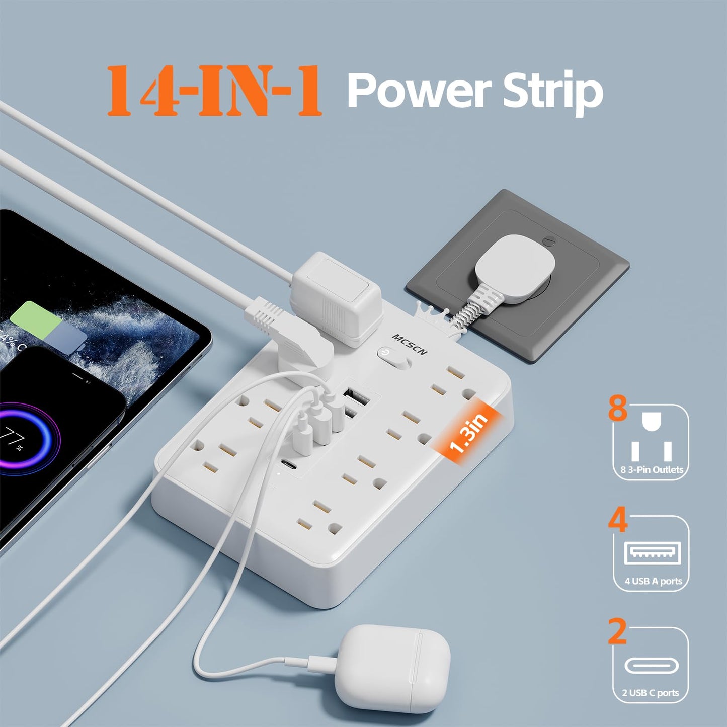Short Extension Cord 0.082 ft - Flat Plug Small Power Strip Surge Protector with 8 Outlets, 6 USB Charging Ports (2 USB-C), Multi Plug Wall Outlet