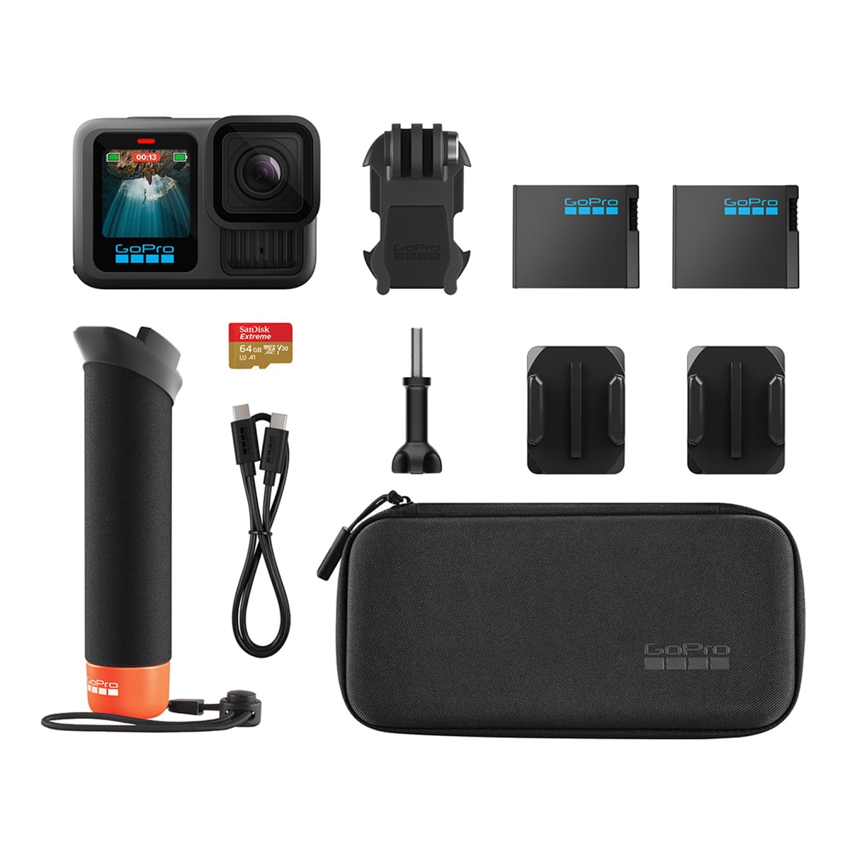 GoPro Hero13 Action Camera with 5.3K60 Video, 27MP Photo with the Handler, 2 Enduro Batteries, 2 Adhesive Mounts, Mounting Buckle, 64GB SD, Case, Head
