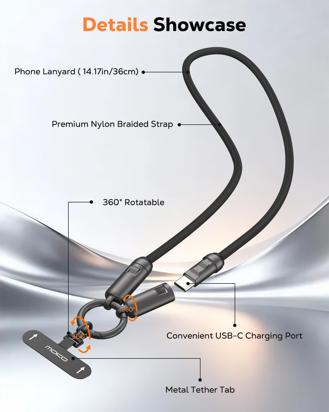 MoKo 2-in-1 Phone Wrist Lanyard USB C Cable, PD240W USB-C to USB-C Type-C Fast Charging Cable, Anti Theft Phone Strap with Metal 360° Tether Tab