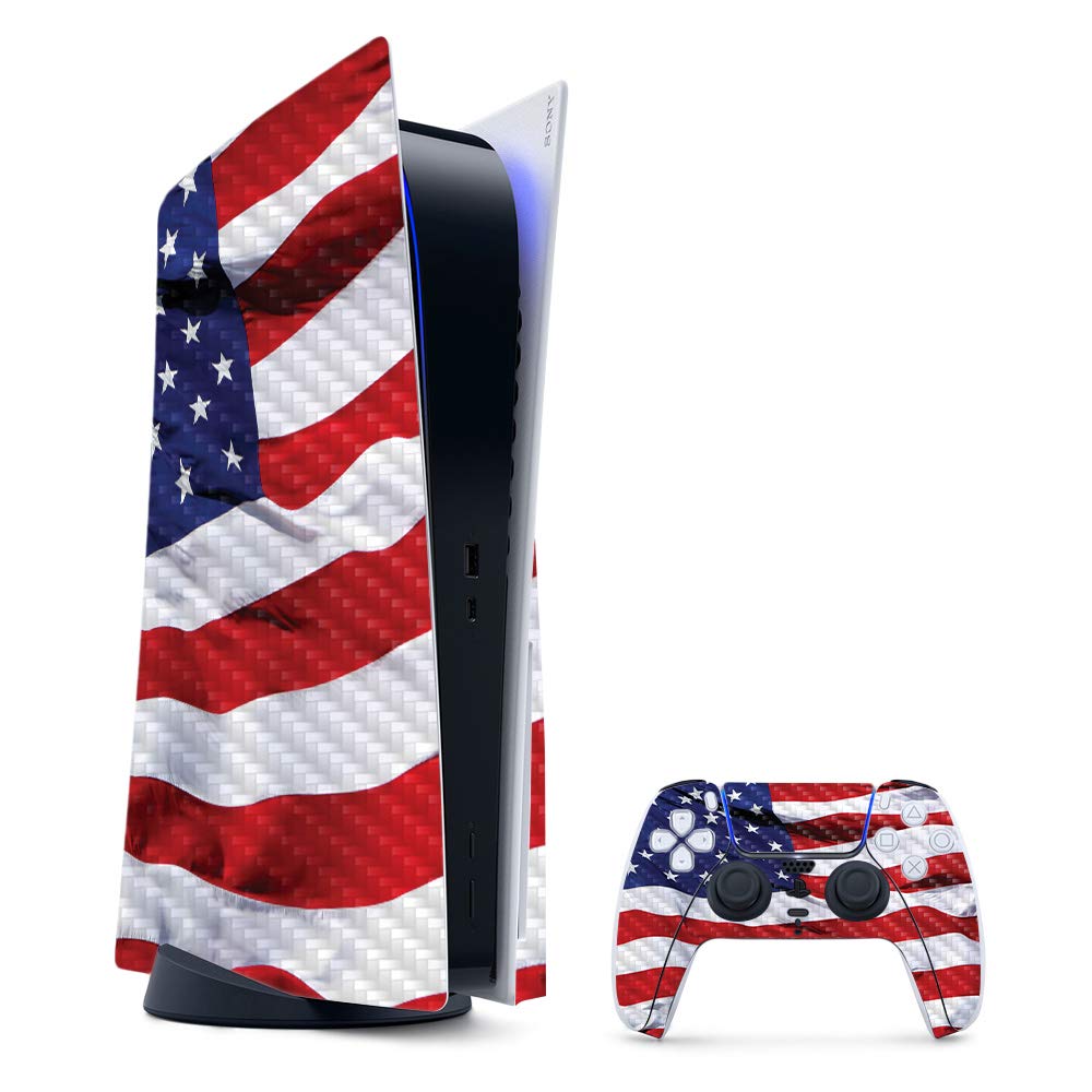 MightySkins Carbon Fiber Gaming Skin for PS5 / PlayStation 5 Bundle - American Flag | Durable Textured Carbon Fiber Finish | Easy to Apply | Made in