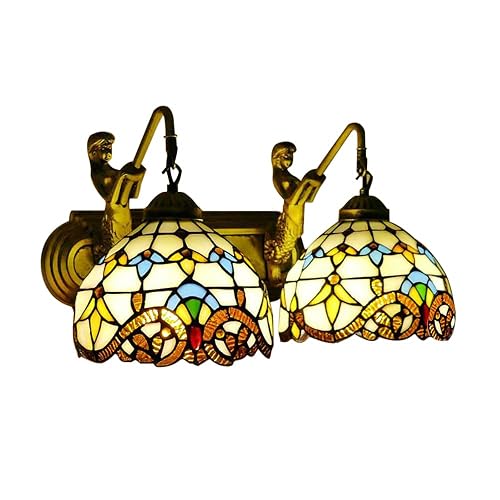 FFanhia Wall Sconce Vintage Style Stained Glass Bowl Wall Fixtures 2-Light Wall Light in Antique Brass with Mermaid for Bedroom Hallway Stairway