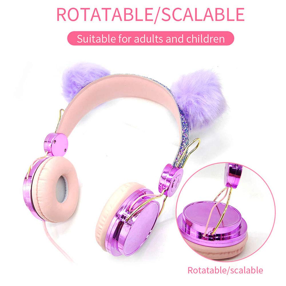 Kids Headphones, Cute Bear Ear Wired Over Ear Girls Headphones, Adjustable Headband, 3.5mm with MIC for Cell Phones Tablets MP3/4,Sparkly Headband…
