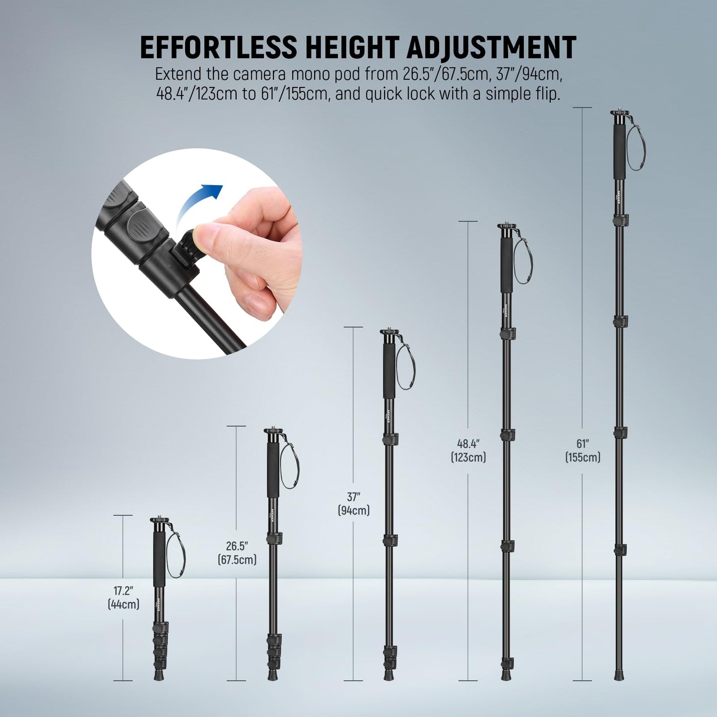 NEEWER 61"/155cm Camera Monopod Stand, Aluminum Alloy Portable Travel Video Monopod Pole with 1/4" 3/8" Screw Adapter for DSLRs Camcorder