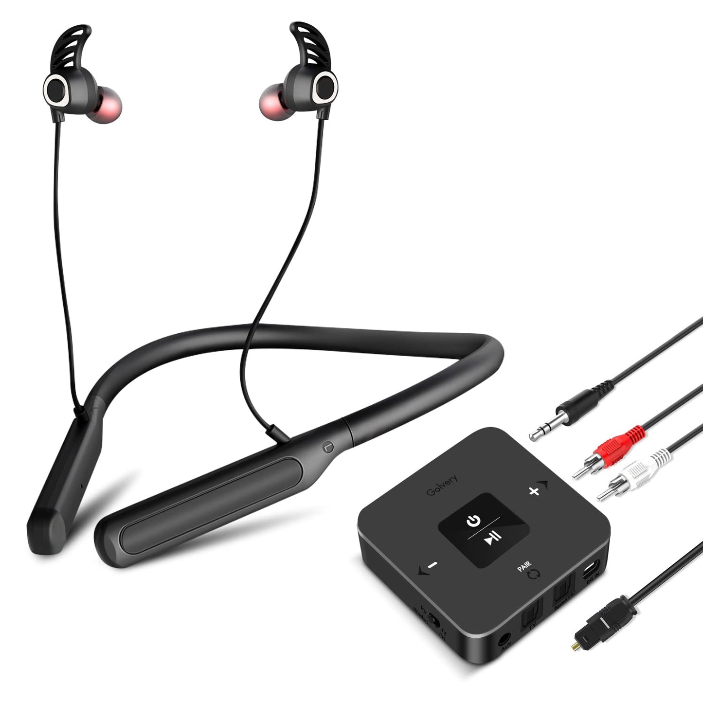 Golvery Bluetooth Headphones Transmitter for TV Watching, Neckband Wireless Stereo Earphones Earbuds Set w/Transmitter Adapter for Optical Digital RCA
