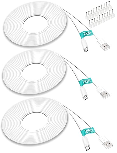 SIOCEN 3 Pack 26FT Micro USB Cable Power Extension Cord for Wyze Cam,WyzeCam Pan,YI Cam,YI Dome Home Camera,Kasa Cam,Oculus Go,Furbo Dog,Nest