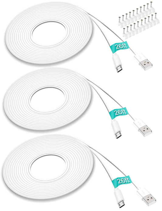 SIOCEN 3 Pack 26FT Micro USB Cable Power Extension Cord for Wyze Cam,WyzeCam Pan,YI Cam,YI Dome Home Camera,Kasa Cam,Oculus Go,Furbo Dog,Nest