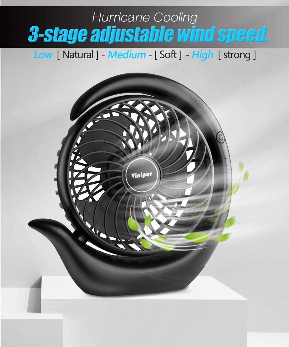 Viniper Portable Rechargeable Fan, Small Desk Fan : 3 Speeds & about 8-24 Hours Longer Working, 180 Rotation, Portable Battery Desktop Fan