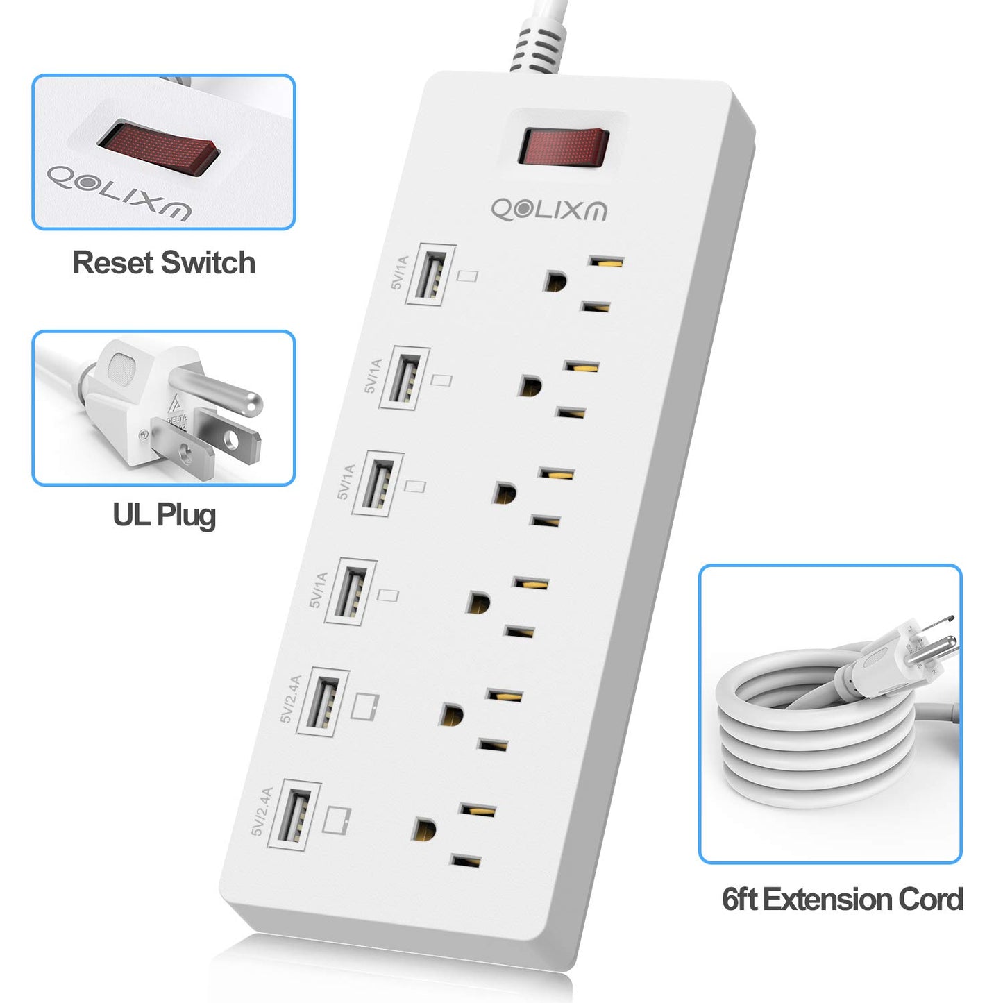 Power Strip Surge Protector with USB Ports Flat Plug with Overload Surge Protection (White)