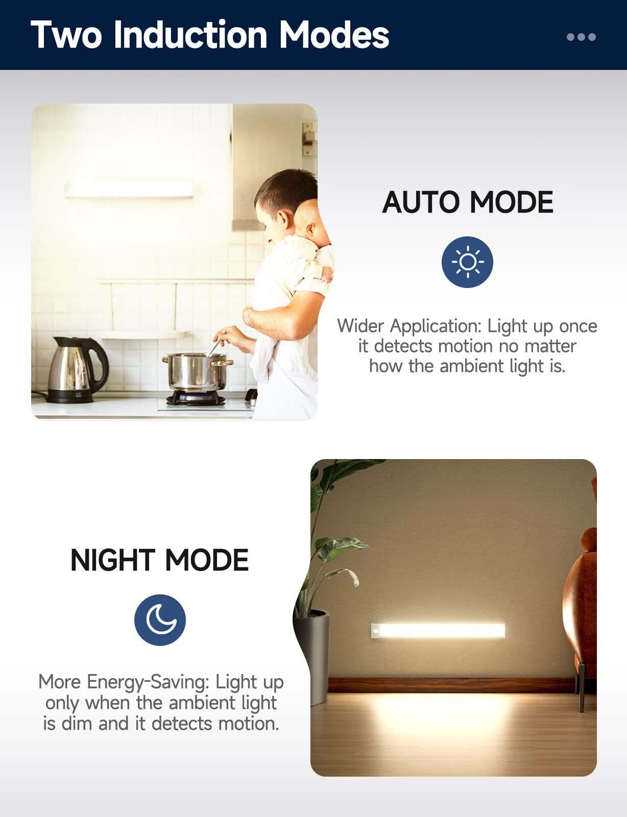 Under Cabinet Lights, Rechargeable Battery Operated Lighting, Wireless Motion Sensor Light Indoor,4 Modes Night Light, Stick-On Magnetic Closet Lights