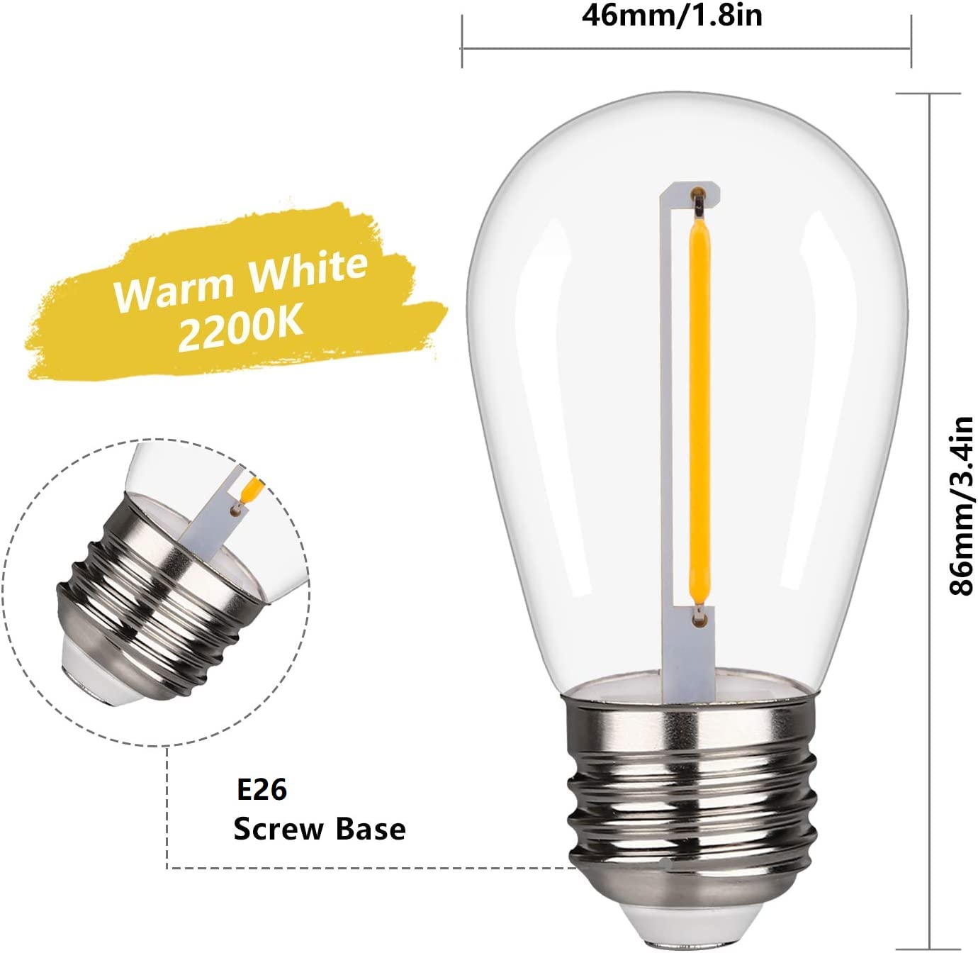 FUTIME 48Pack S14 LED String Light Bulbs, 1W Shatterproof Replacement Bulbs