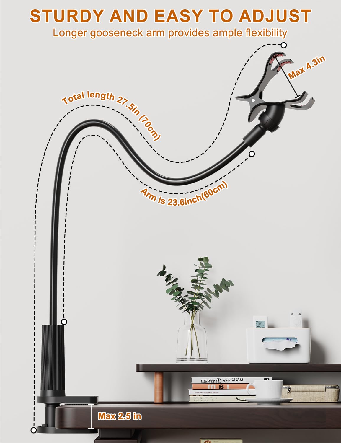 Crnthyr Phone Holder for Bed, Gooseneck Phone Holder for Desk Bedside Table, Flexible Gooseneck Long Arm Stand with Adjustable 360°Cell Phone Mount